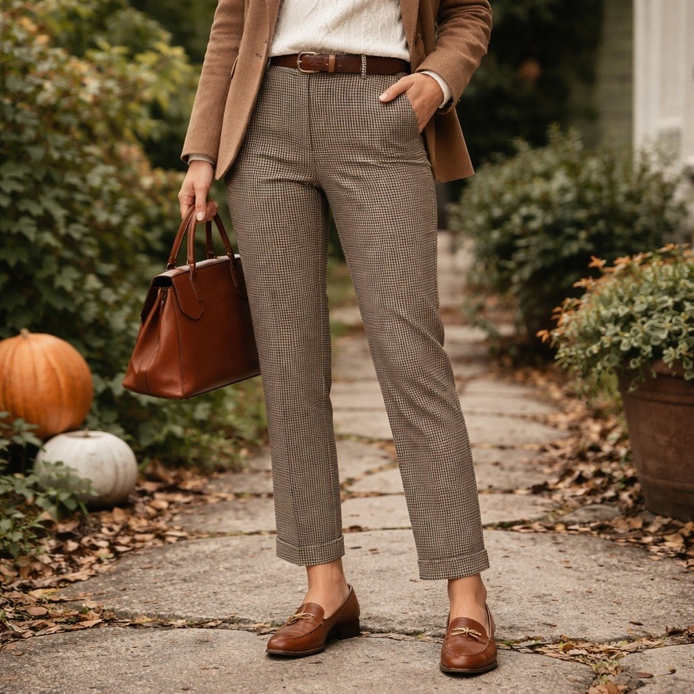Talbots Heritage Dress Pants Wool Blend Brown Houndstooth Trousers Womens 10